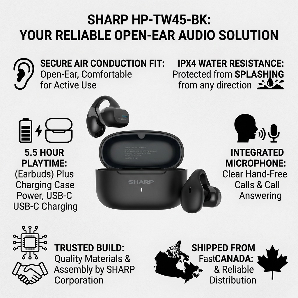 Infographie des caractéristiques : SHARP HP-TW45-BK (écouteurs sans fil)