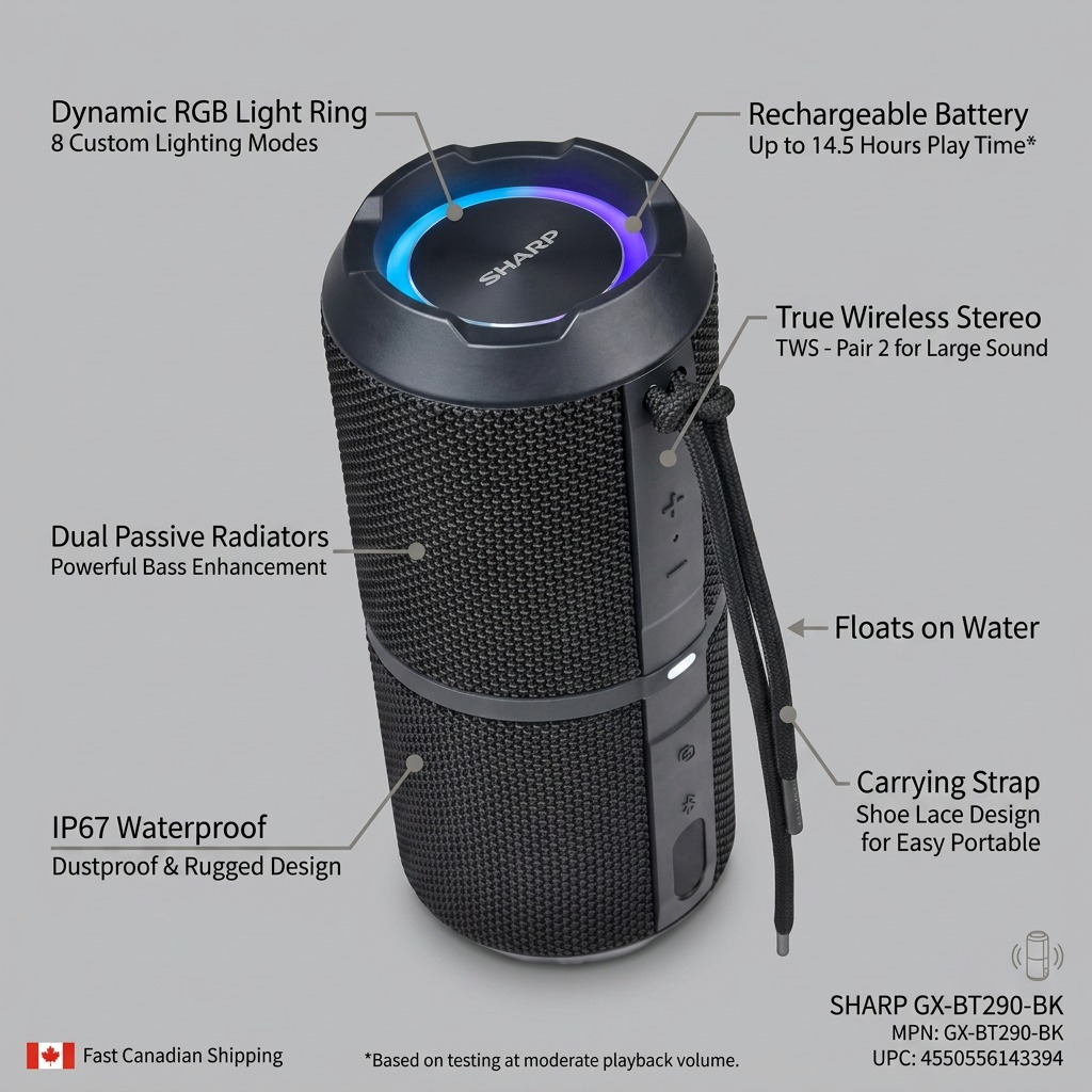 Visuel 6 du produit SHARP GX-BT290-BK – Enceinte Bluetooth portable 32 W, IP67, avec éclairage RGB