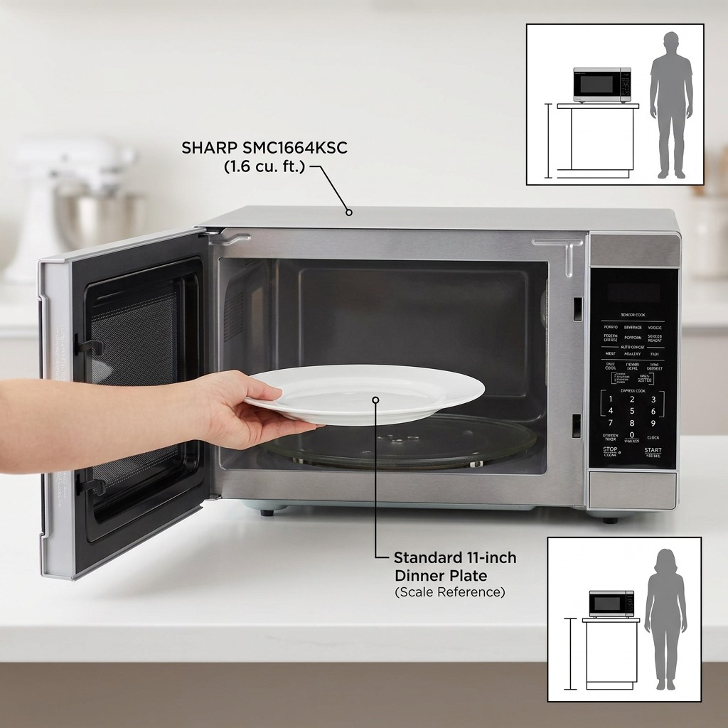 Front, centered view of the SHARP SMC1664KSC Countertop Microwave Oven in stainless steel against a white background.