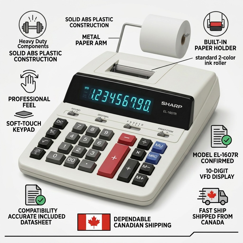 Infographie des caractéristiques : SHARP EL-1607R (calculatrice)