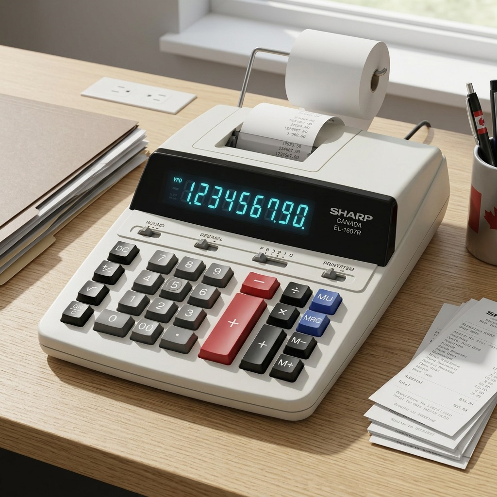 Présentation sur un bureau : SHARP EL-1607R (calculatrice)