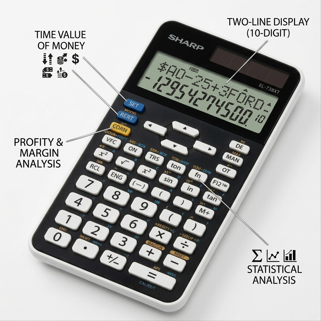 Infographie des caractéristiques : SHARP EL738XT (calculatrice)