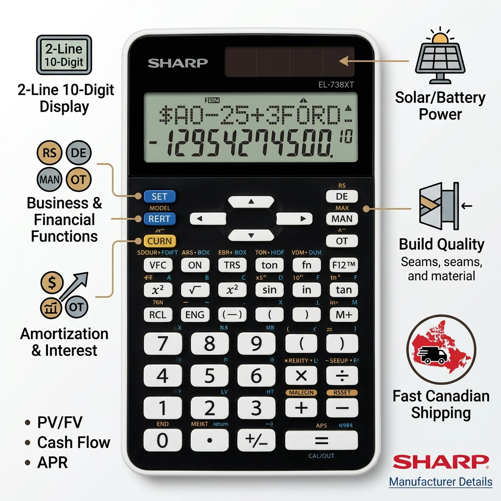 Infographie des caractéristiques : SHARP EL738XT (calculatrice)