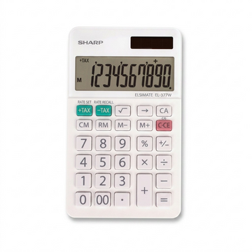A top-down photograph of the white SHARP EL377W desktop calculator, displaying digits '1234567890'.