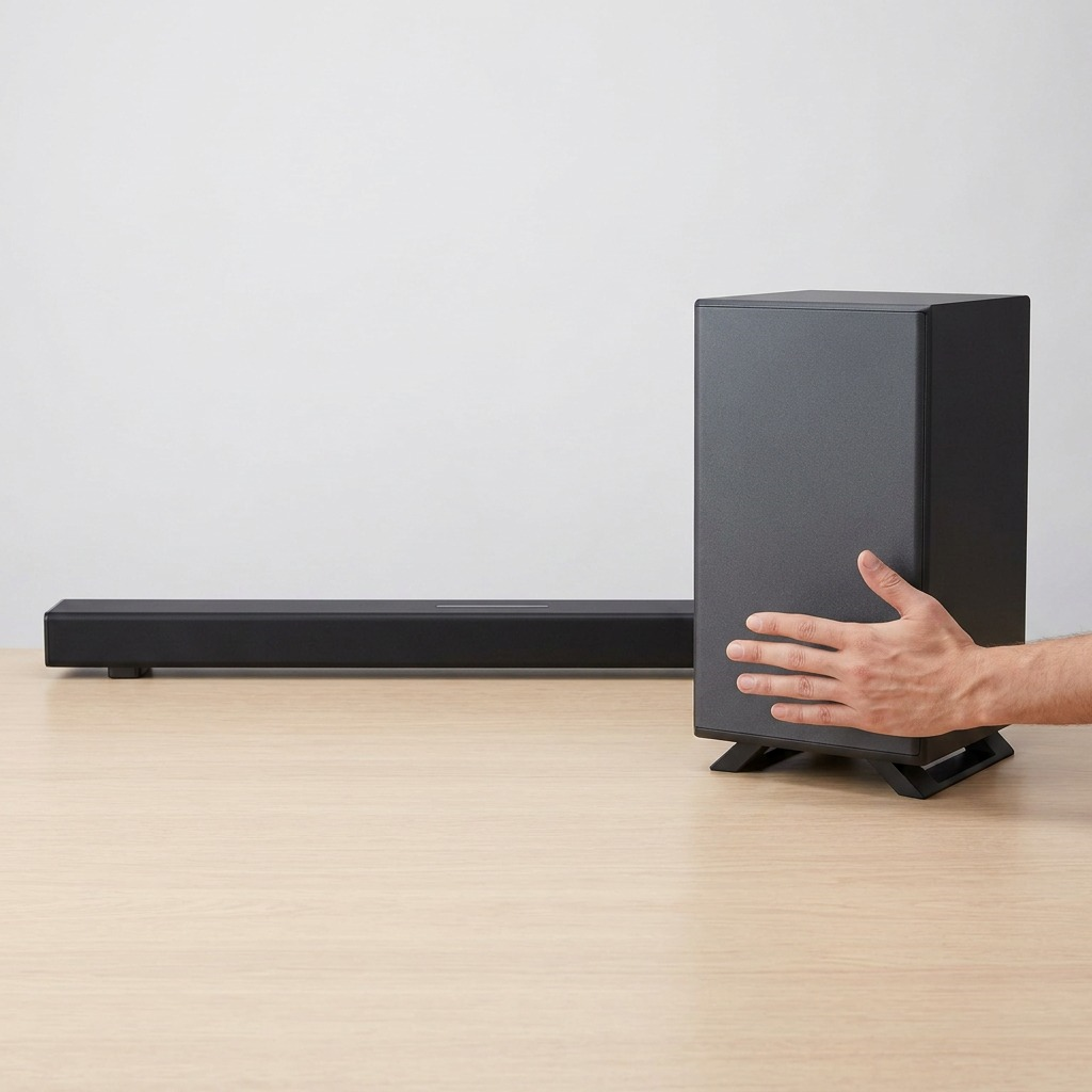 Pure high-resolution hero shot of SHARP HT-SBW53121 3.1.2 soundbar & subwoofer on a white background.