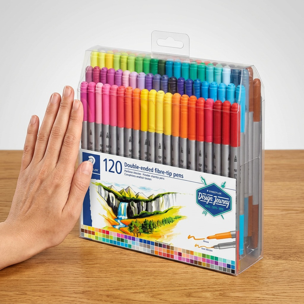 STAEDTLER Double-ended fibre-tip pens, 120 colors in a clear, high-resolution plastic case with original art and text. Pure white hero shot.