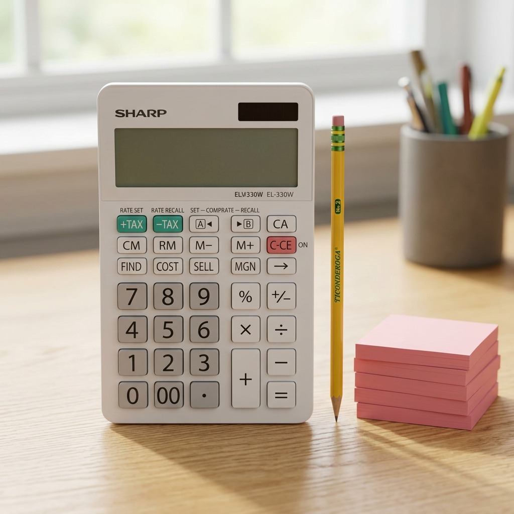 Pure high-resolution hero shot: SHARP EL330W Twin Power 10-digit desktop calculator on a clean white background.