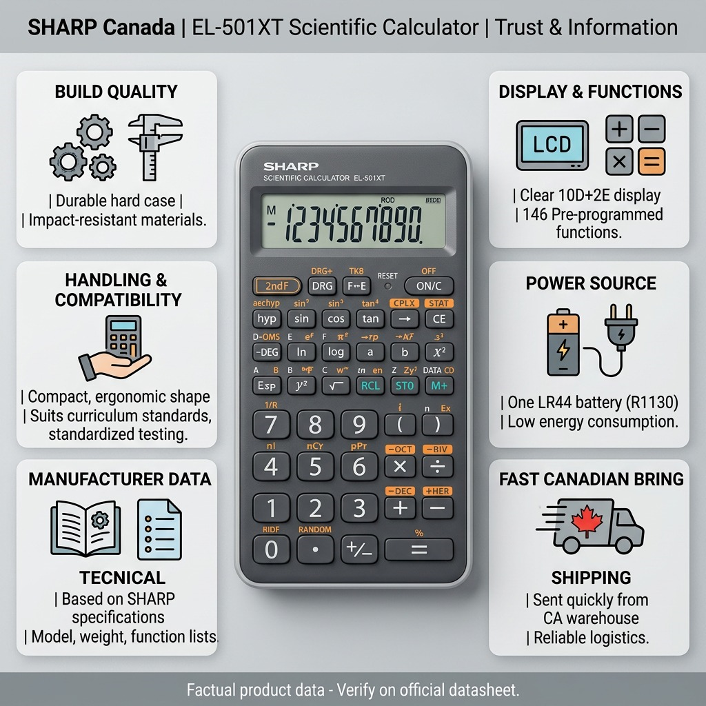 Infographie des caractéristiques : SHARP EL501XTGY (calculatrice)