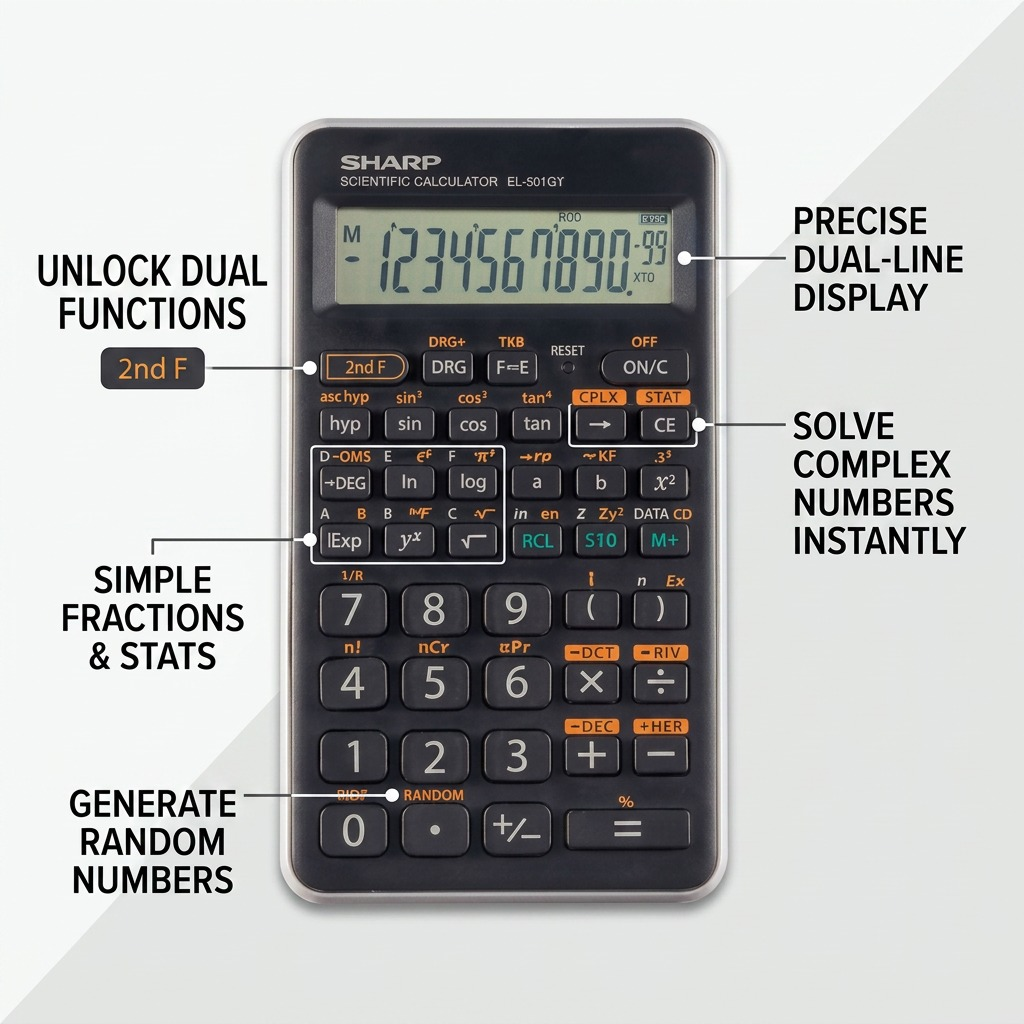 Gros plan de l’écran : SHARP EL501XTGY (calculatrice)