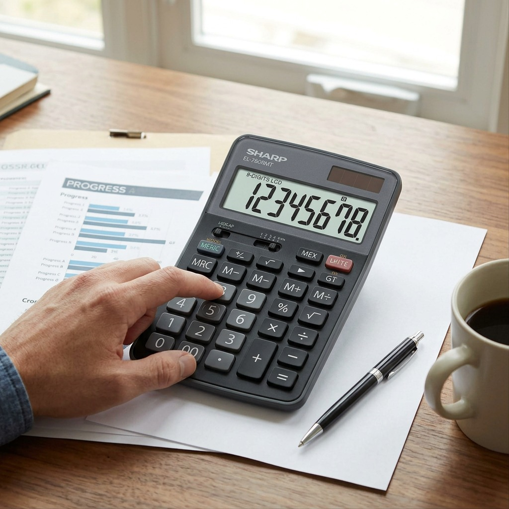 Présentation sur un bureau : SHARP EL-760RMT (calculatrice)
