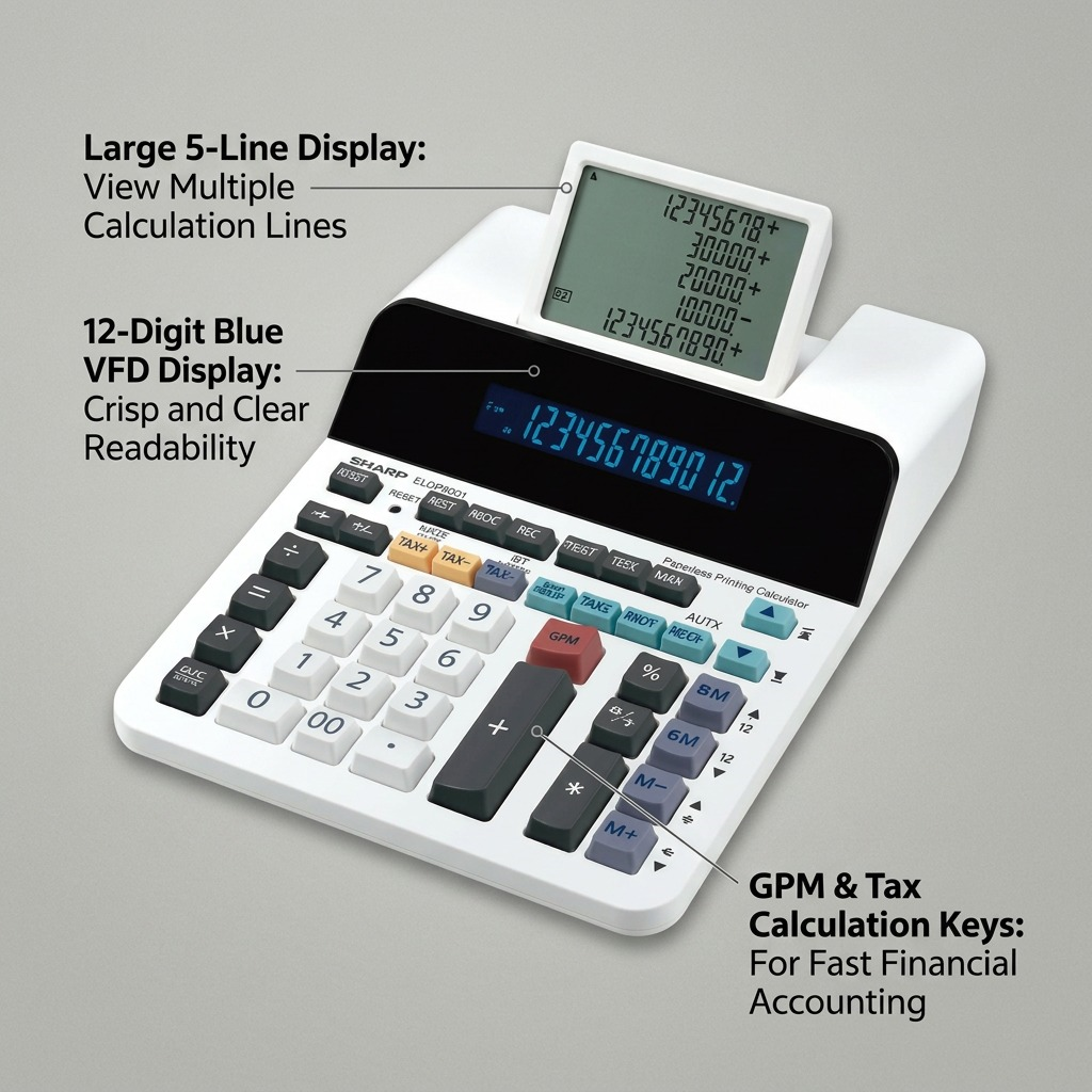 Infographie des caractéristiques : SHARP ELDP9001 (calculatrice)