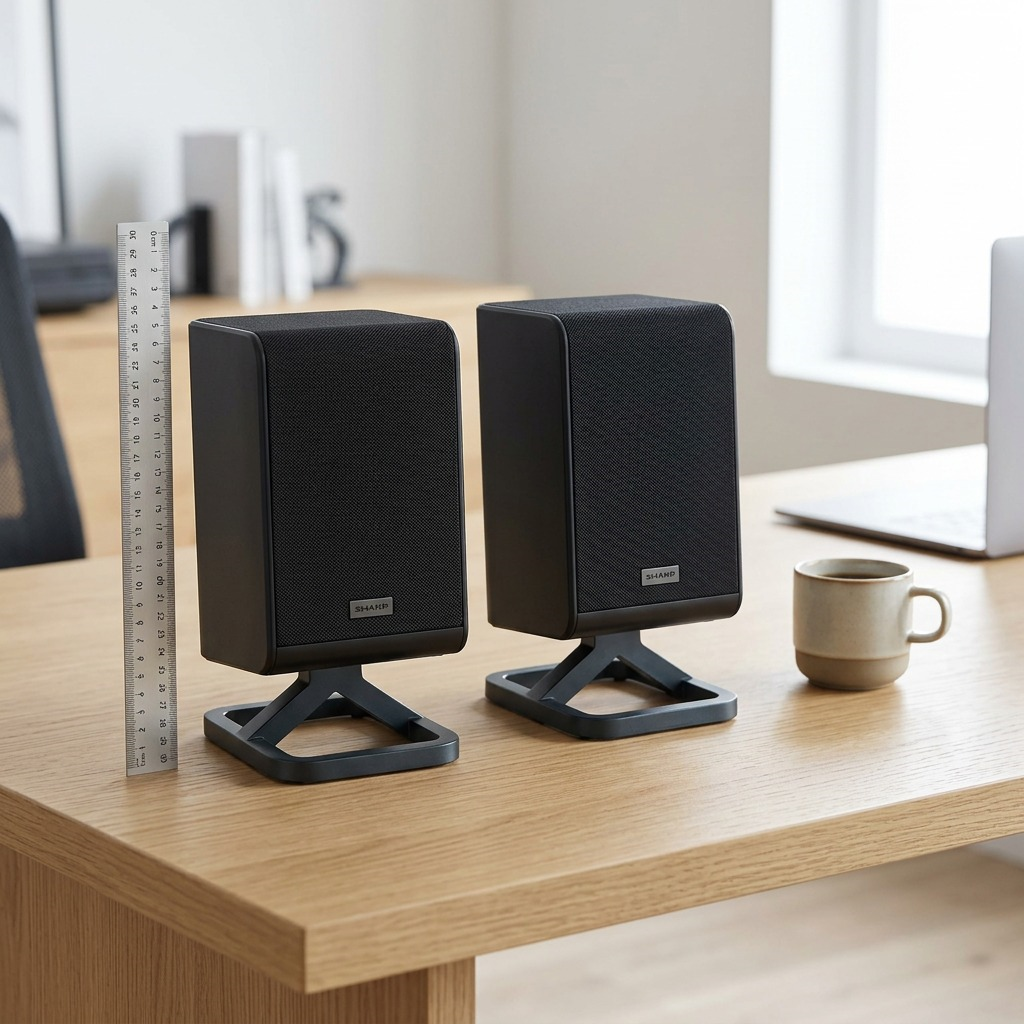 Sharp HT-SPR52021-BK 2.0.2 channel wireless rear surround speakers in black, front view on integrated stands.
