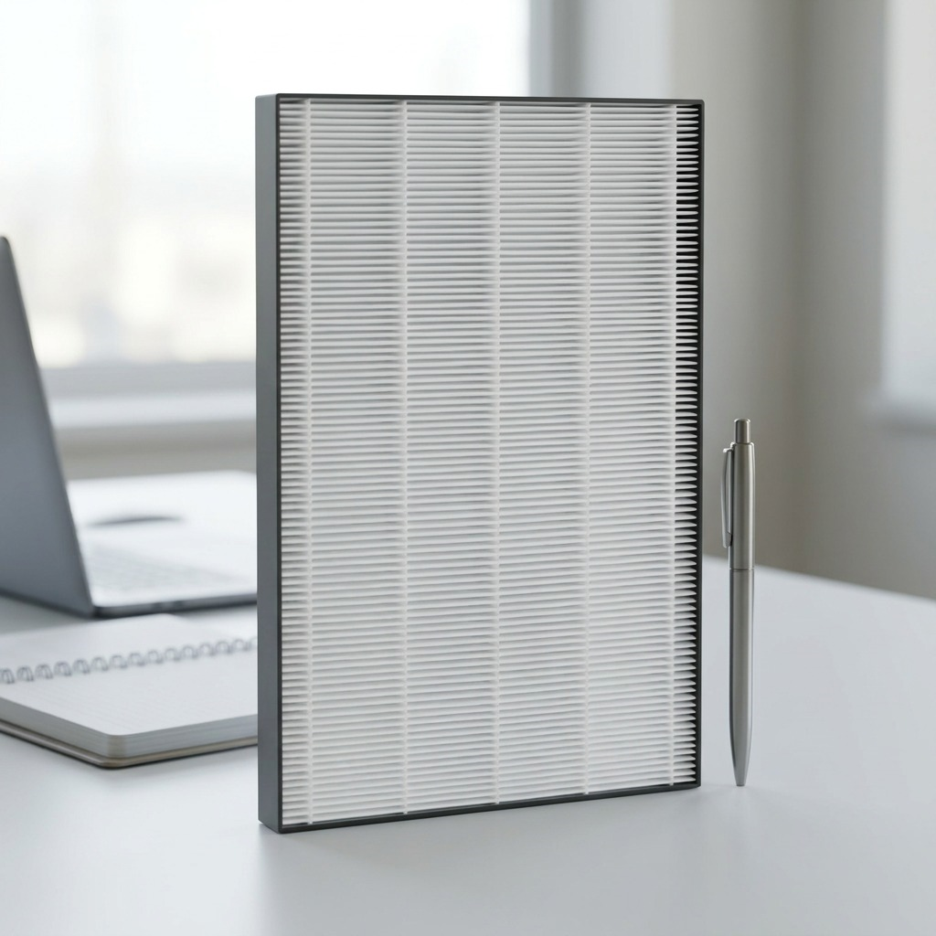 A close-up photograph of the Sharp FZP11HFU True HEPA replacement air purifier filter, featuring white pleated filter media, a black frame, and visible manufacturer markings (like 'DO NOT WASH') in clear, detailed focus. The filter is centered on a clean, solid white background with a soft, natural shadow beneath for a realistic floating effect.