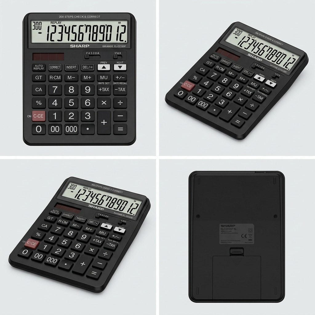 A 2x2 grid showing the black SHARP EL-CC12GP calculator from front, side angles, and back.