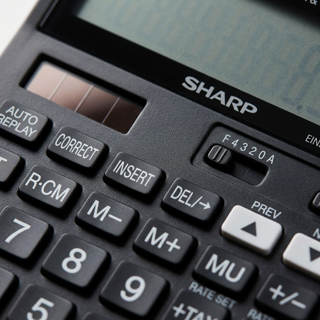 Macro perspective on Sharp EL-CC12GP XL calculator, highlighting solar panel, switches, and crisp button controls.