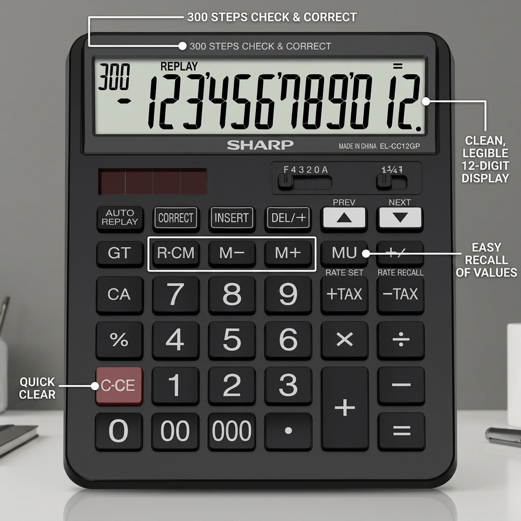 Feature graphic of SHARP EL-CC12GP calculator with key operational feature callouts and benefits.