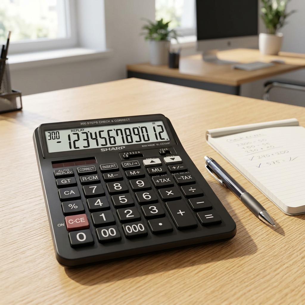Lifestyle photo of the SHARP EL-CC12GP calculator on a wooden office desk.