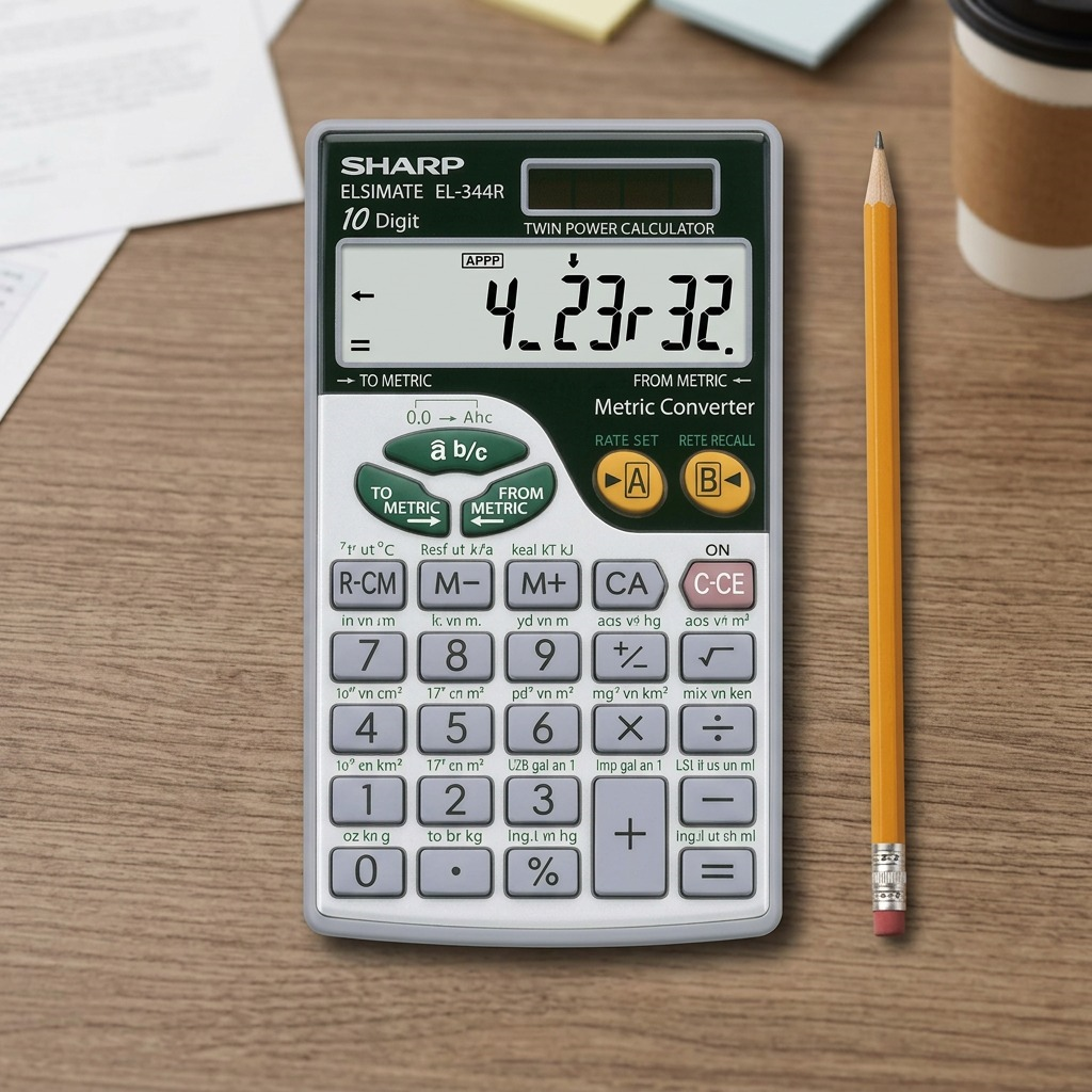 Sharp EL344R calculator with metric conversions and large display, isolated hero shot.