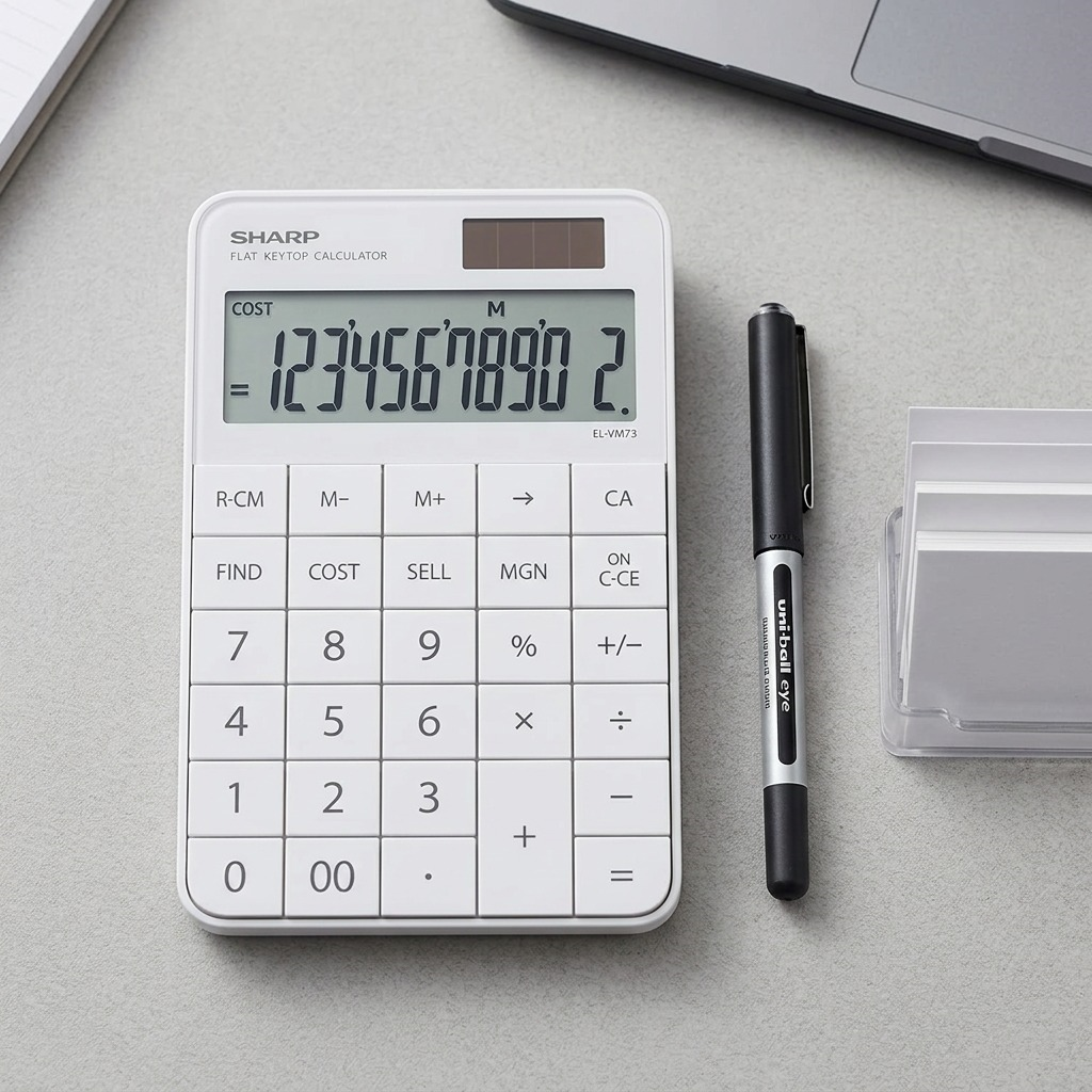 - Sharp EL-VM73WH 12-Digit Flat Keytop Calculator - Pure white hero shot.