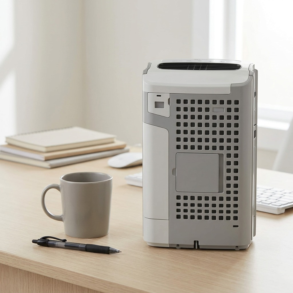 High-resolution hero shot of the white Sharp air purifier, FZC150HFU, showing front and back.