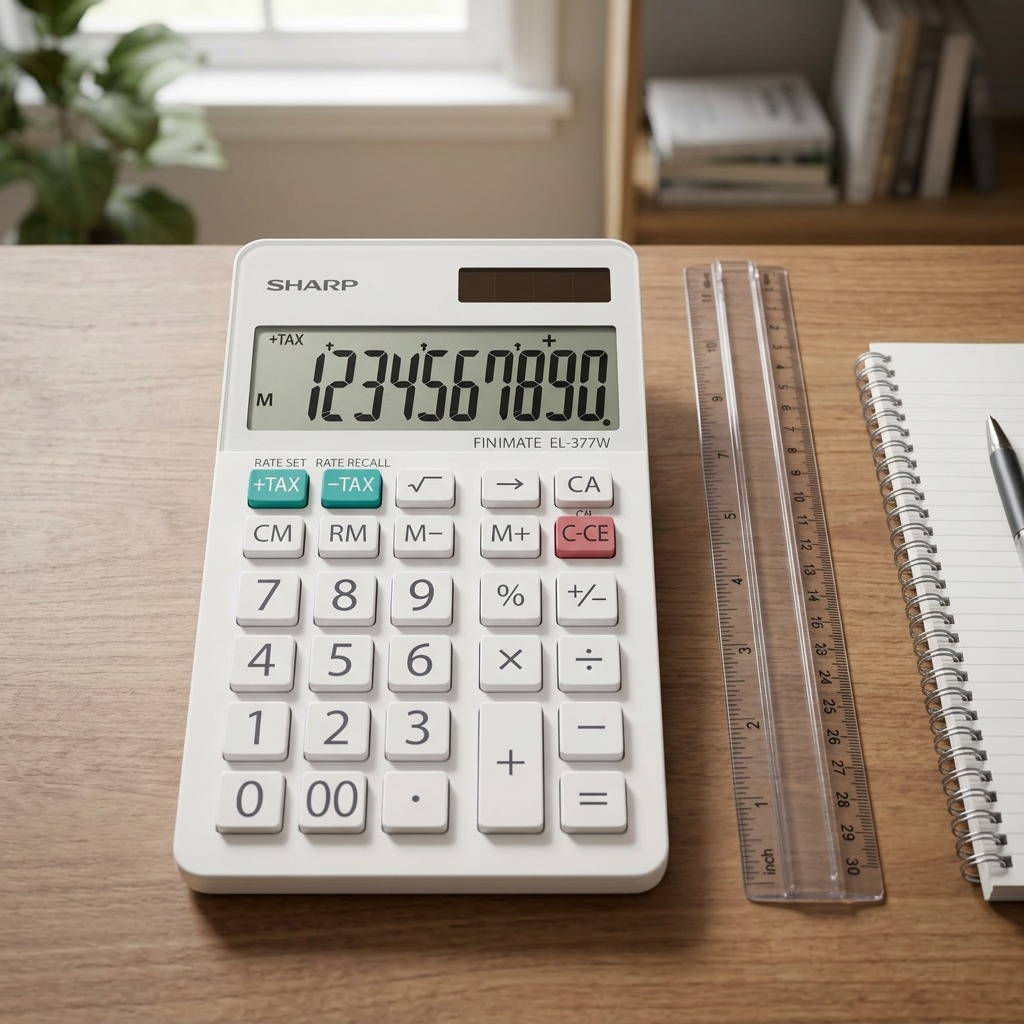 A top-down photograph of the white SHARP EL377W desktop calculator, displaying digits '1234567890'.