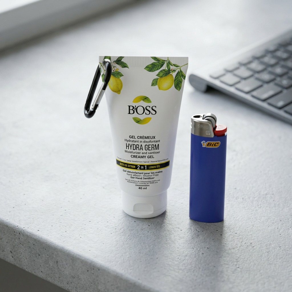 BiOSS Hydra Germ 40ml lemon-scented alcohol-free hand sanitizer gel tube with black carabiner clip.