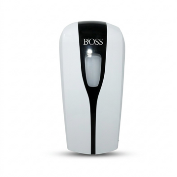 A high-resolution product shot of the white and black BiOSS011 automatic touch-free hand sanitizer dispenser on a pure white background.