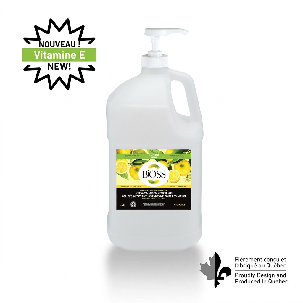 BiOSS 3.78L hand sanitizer gel bottle with pump, lemon scent, and Vitamin E on white background.