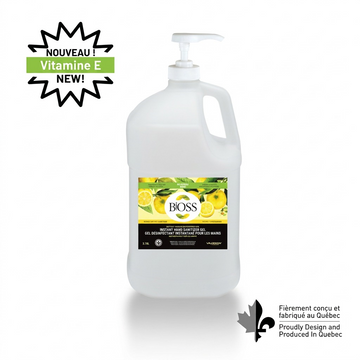 BiOSS 3.78L hand sanitizer gel bottle with pump, lemon scent, and Vitamin E on white background.