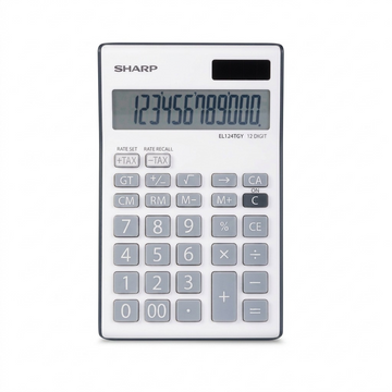 A premium, centered hero shot of the SHARP EL124TGY 12-digit calculator on a pure white background.