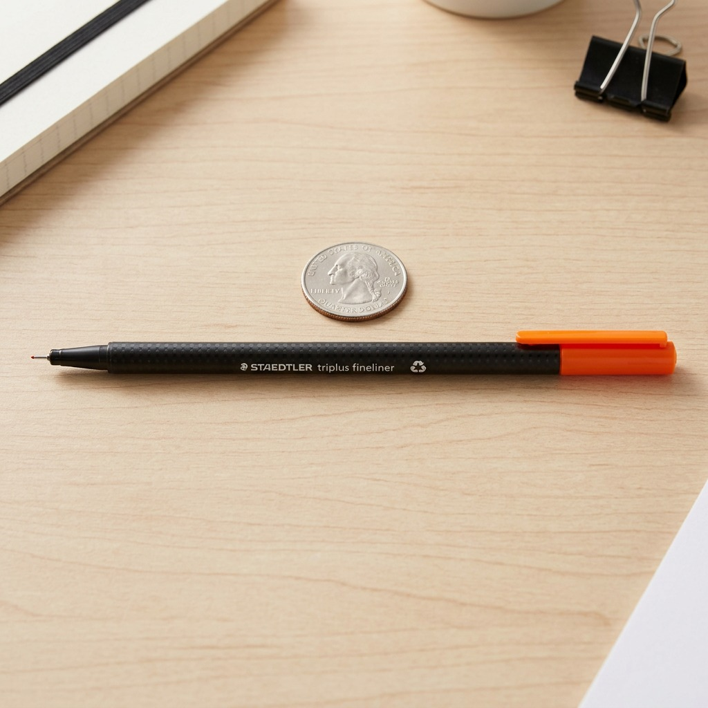 A sharp, high-resolution product photograph of the STAEDTLER triplus fineliner pen (MPN 334-4-A7), featuring a black textured barrel and bright orange cap, centered on a pure white background with realistic lighting and clean shadow.