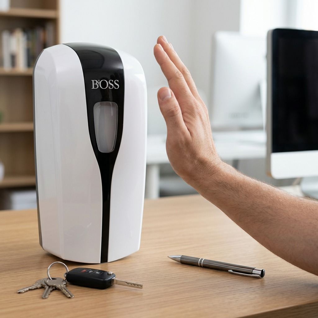 A high-resolution product shot of the white and black BiOSS011 automatic touch-free hand sanitizer dispenser on a pure white background.