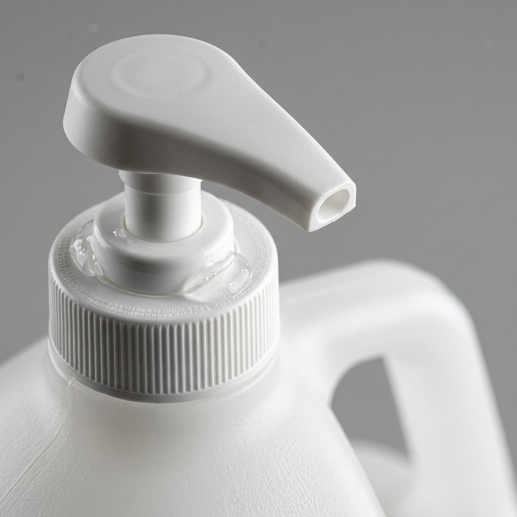Macro detail of the white plastic pump dispenser on a BiOSS 3.78L hand sanitizer gel bottle.