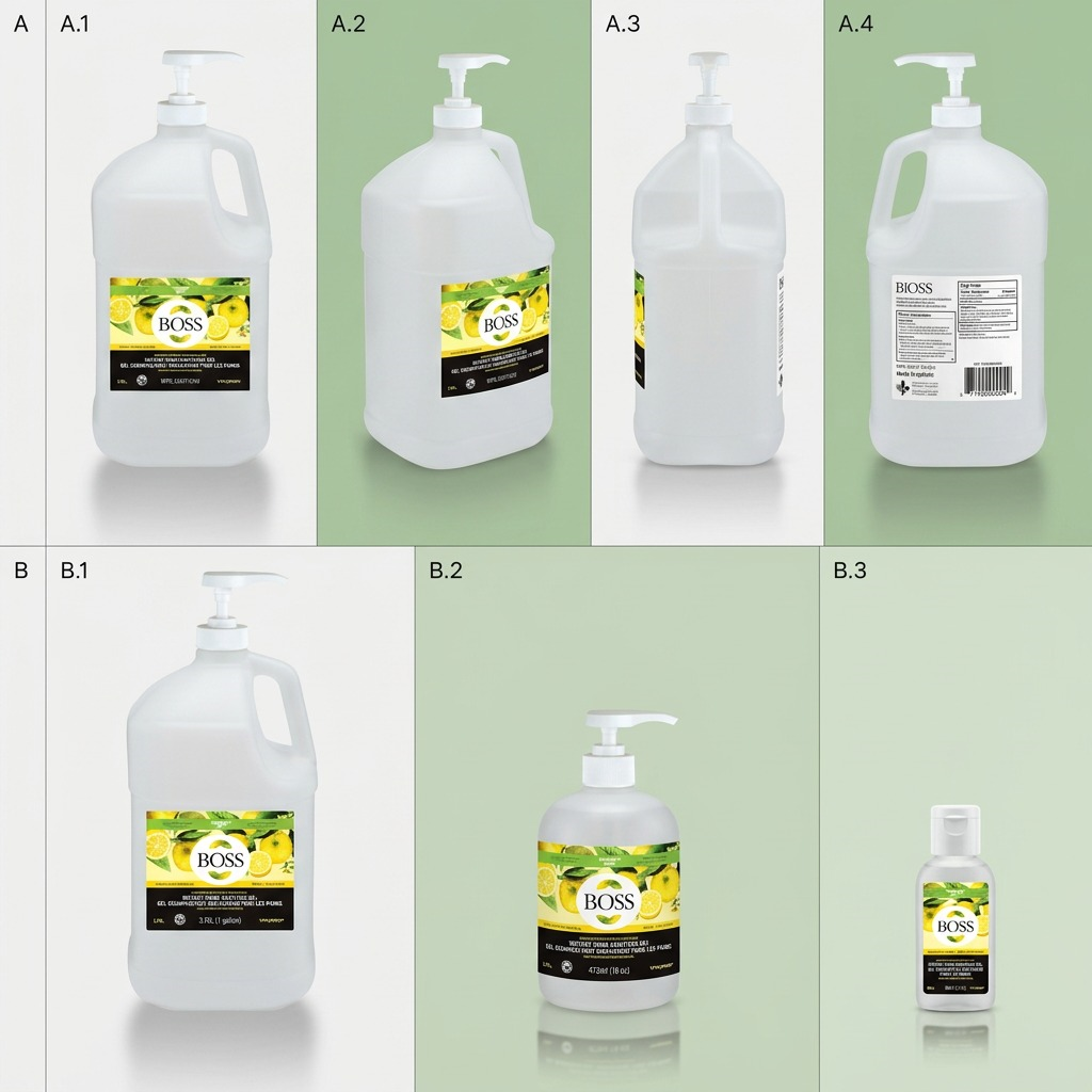 BiOSS Advanced Hand Sanitizer matrix showing various angles of the 3.78L jug and various bottle sizes.