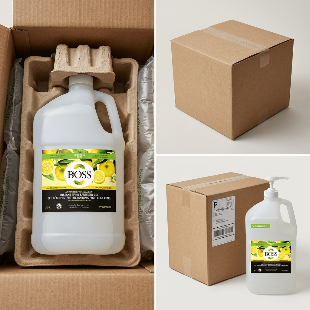 BiOSS 3.78L hand sanitizer in secure shipping box with molded pulp and air pillow protection.