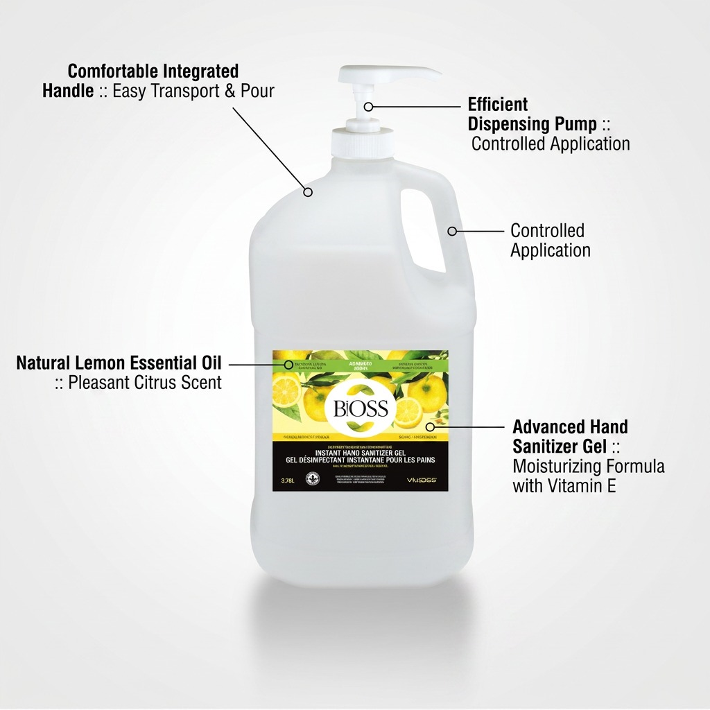 BiOSS 3.78L Hand Sanitizer bottle featuring integrated handle, dispensing pump, and lemon oil.