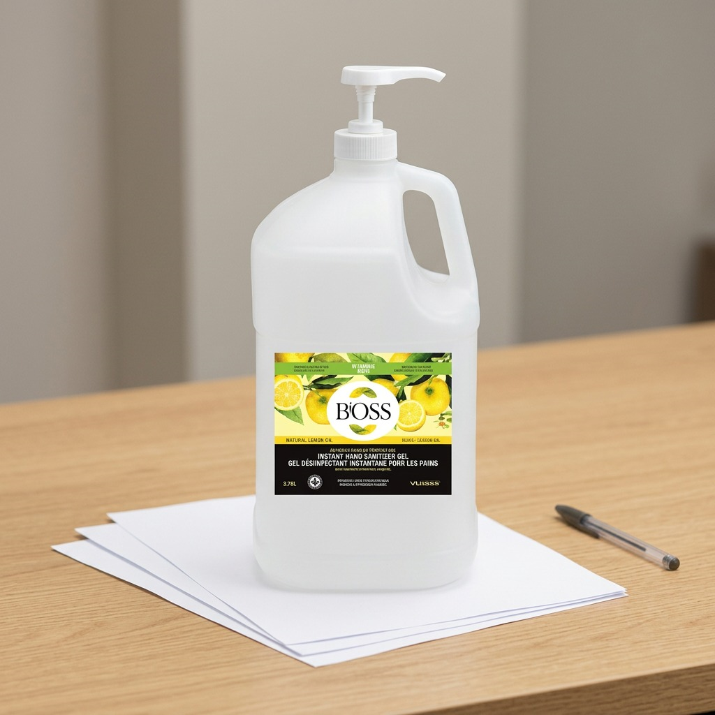 BiOSS 3.78L hand sanitizer gel bottle with pump, lemon scent, and Vitamin E on white background.