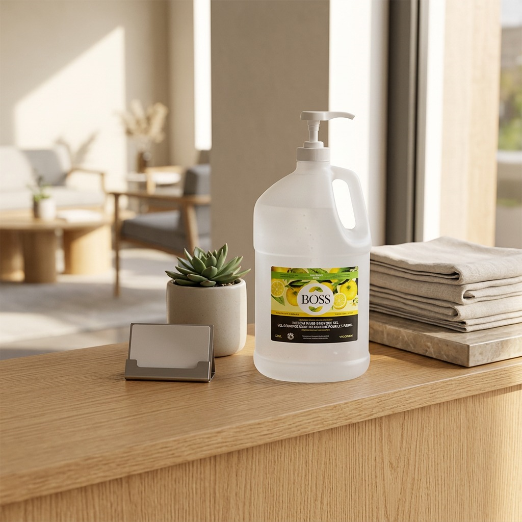 BiOSS 3.78L Advanced Hand Sanitizer with lemon oil on a wooden counter in a bright office lobby.