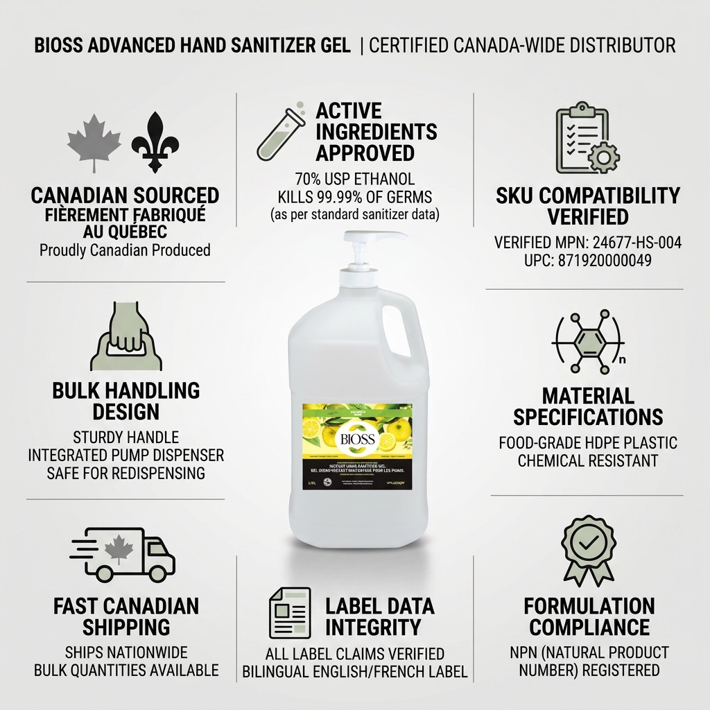 BiOSS 3.78L hand sanitizer infographic showing 70% alcohol, NPN registration, and Canadian shipping.
