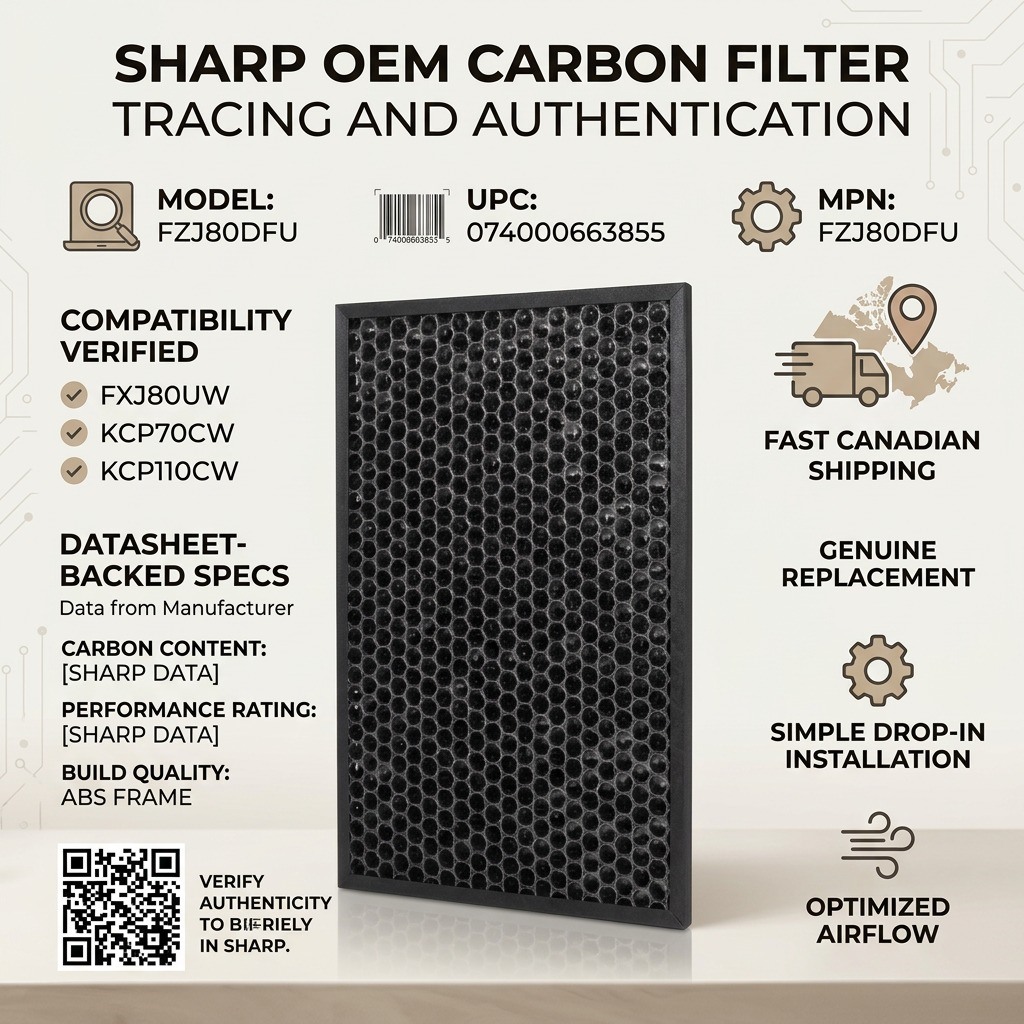 High-resolution centered product photograph of the Sharp FZJ80DFU Activated Carbon Air Purifier Filter in its black frame with a honeycomb structure, on a pure white background.