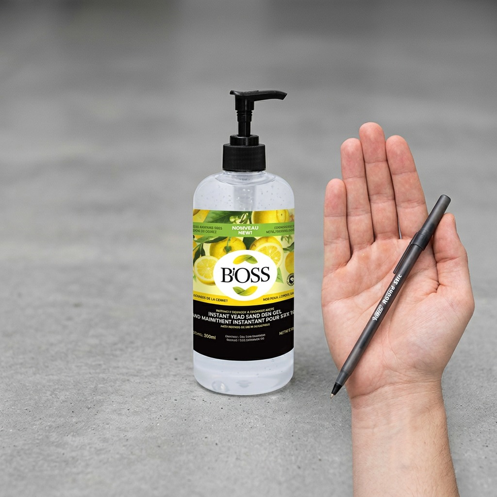 BiOSS 500ml Hand Sanitizer gel bottle with black pump, featuring a lemon and Vitamin E label.