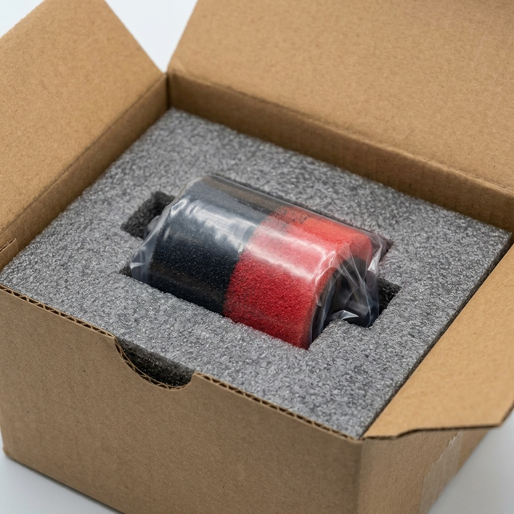 A close-up photograph of the SHARP EA781RBK ink roller resting on layered foam padding inside a generic cardboard box, with a protective plastic bag.