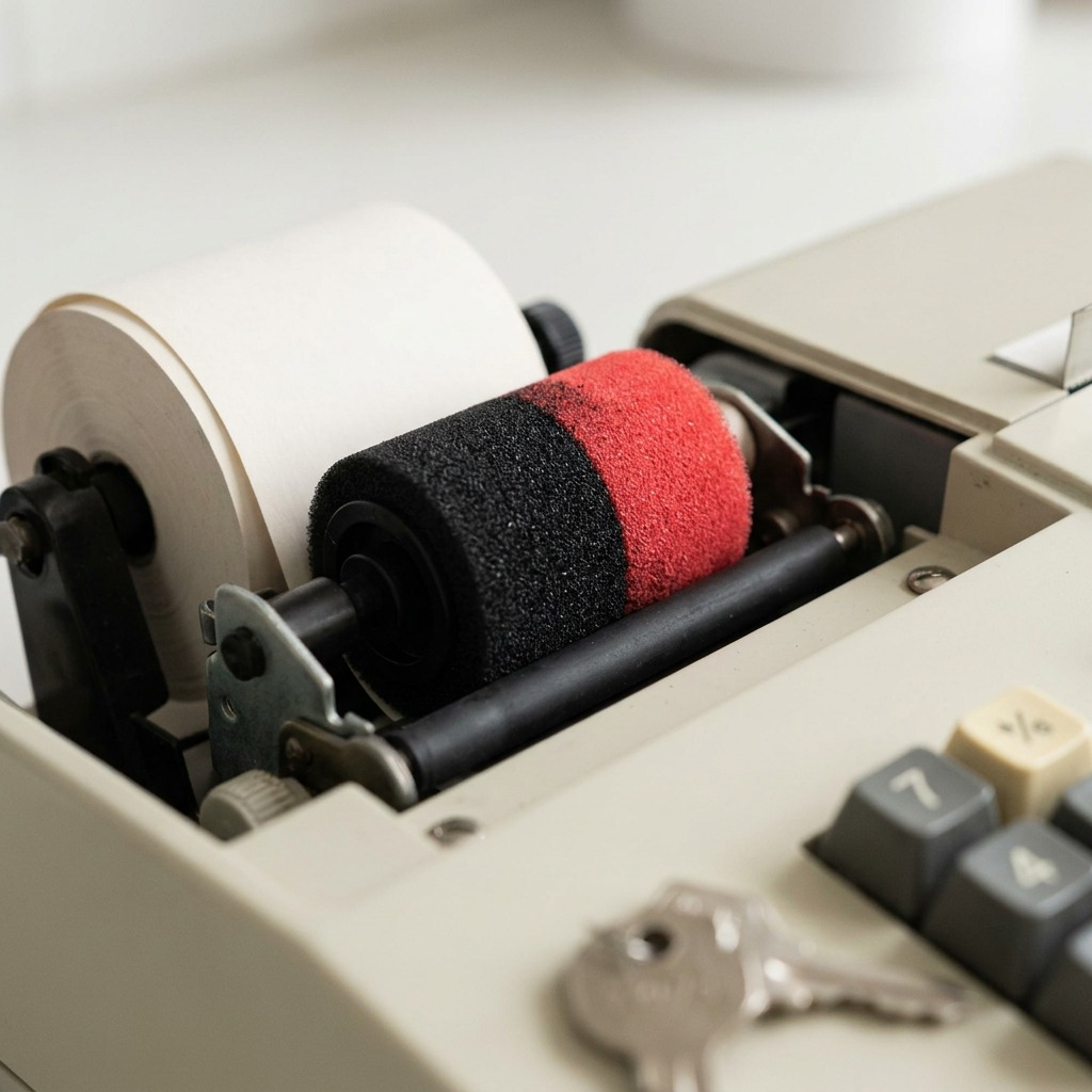 Close-up of the red and black ink roller installed inside a cash register printing mechanism.