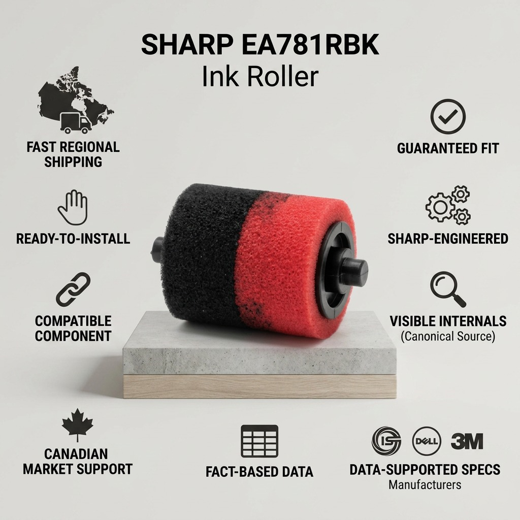 Infographic showcasing the SHARP EA781RBK ink roller with key features like visible internals, canonical source reference, and guaranteed fitment.