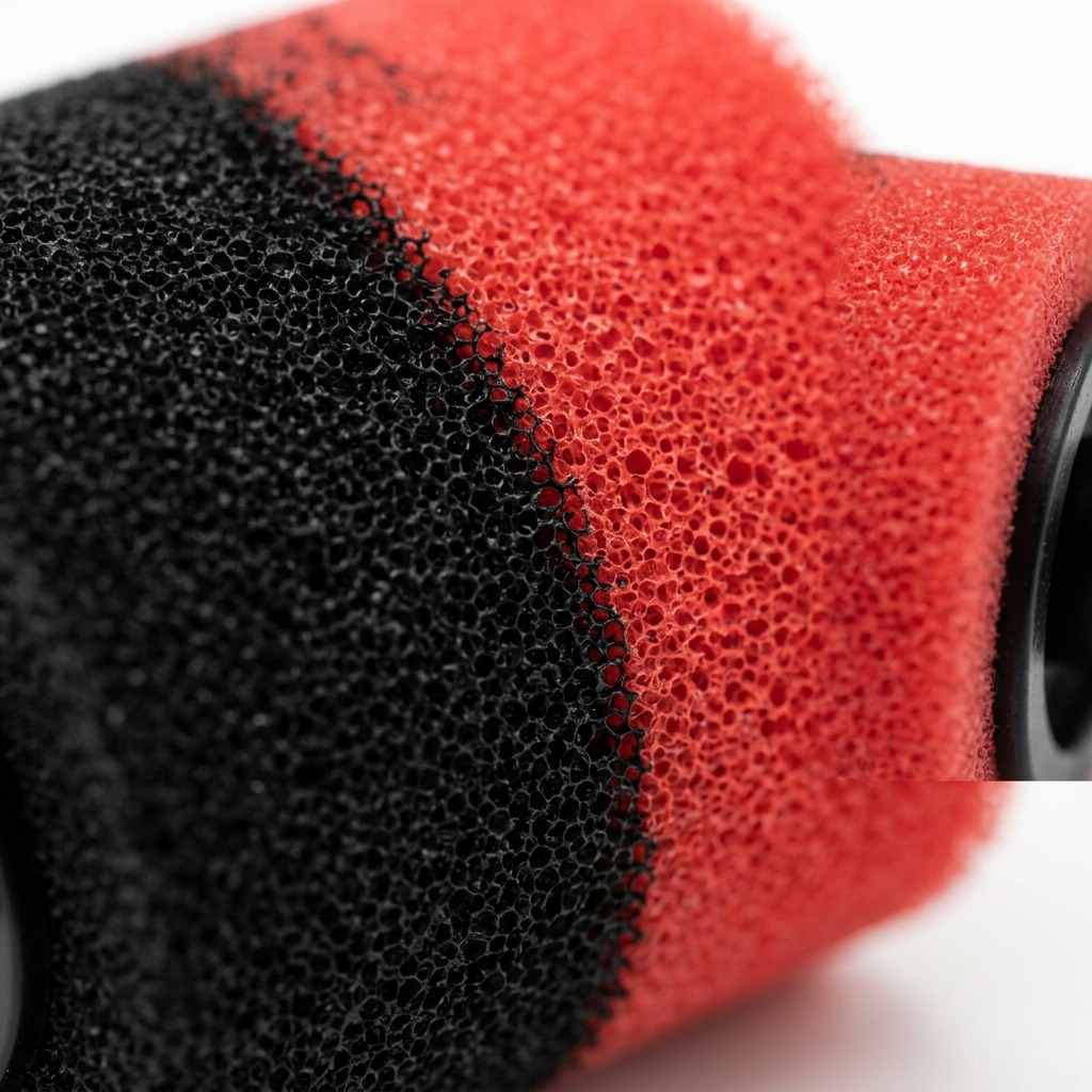 Macro photo detail of the dual-color porous foam ink roller, showing its texture.