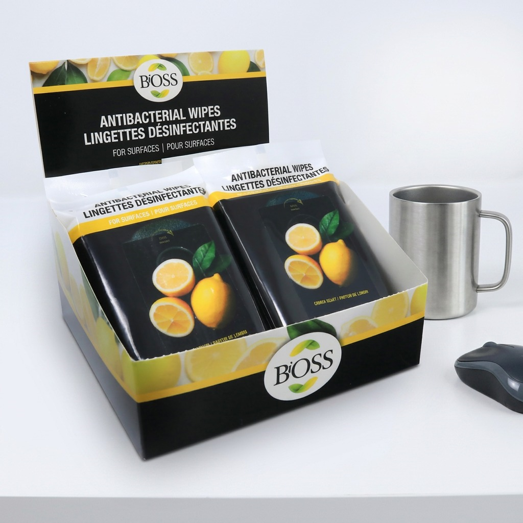 BiOSS antibacterial surface wipes travel pack with lemon scent, black packaging on white background.