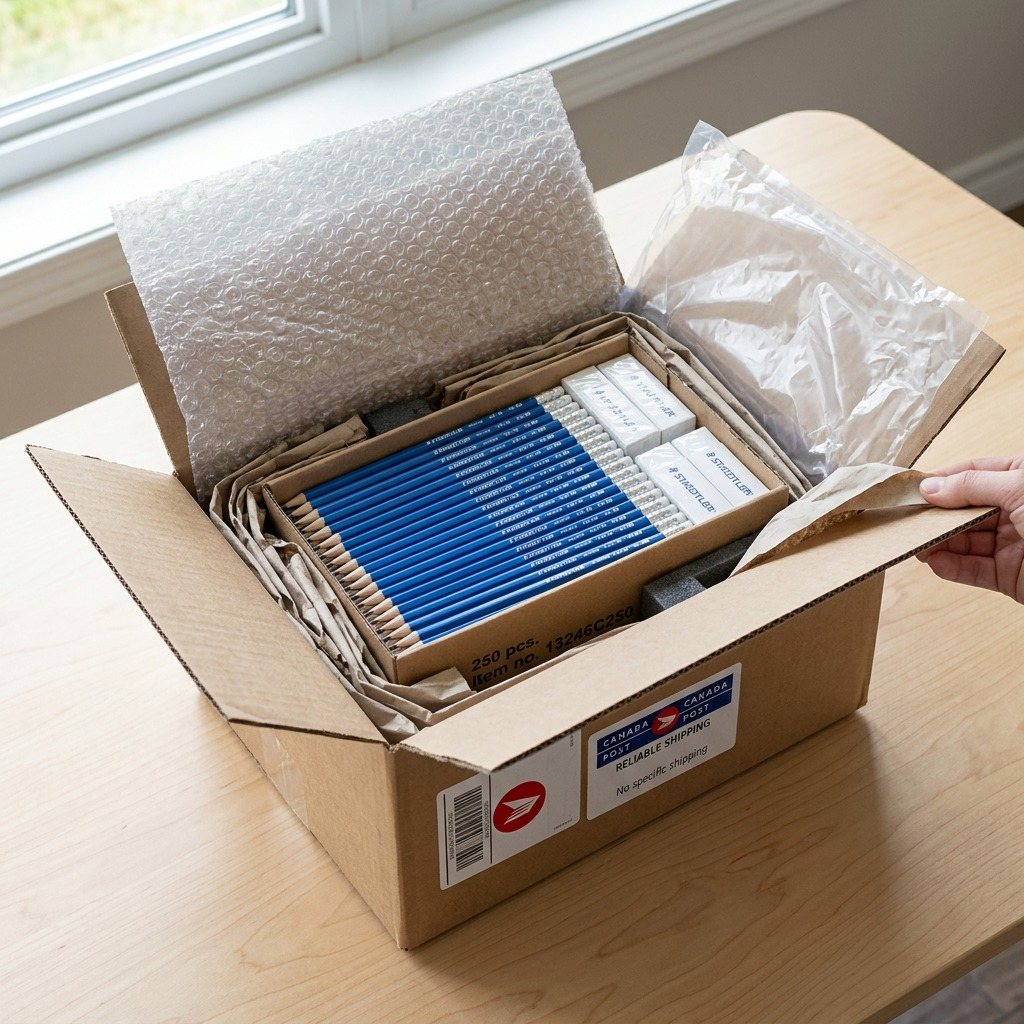 An image showing a neatly open cardboard box filled with protective paper filler. It holds 250 pre-sharpened STAEDTLER #2 pencils, 20 erasers, and several protective foam pieces. It's safe transportation.
