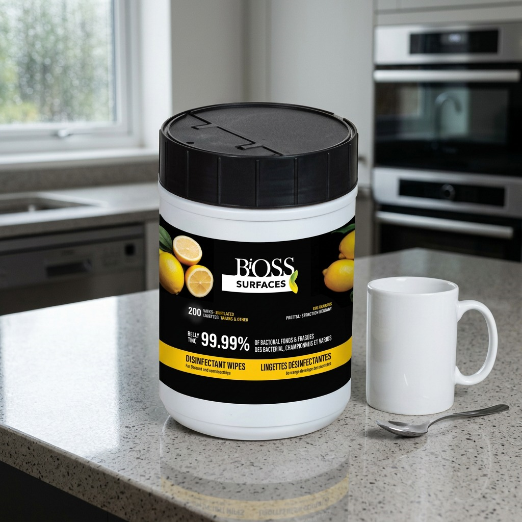 BiOSS Surfaces Lemon Disinfecting Wipes, 200 count canister with black lid on white background.