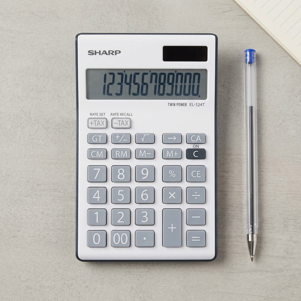 A premium, centered hero shot of the SHARP EL124TGY 12-digit calculator on a pure white background.
