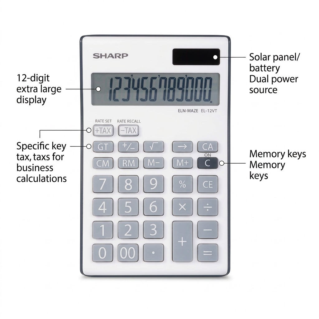 Sharp calculator with technical feature callouts highlighting specific functions and benefits.
